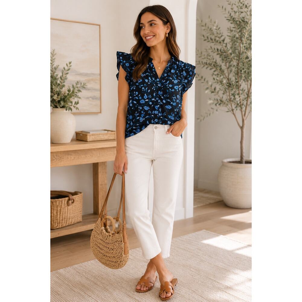 Rebecca Taylor 100% Silk Blue Floral Ruffle Sleeve Blouse 6 Boho Luxe Chic Top